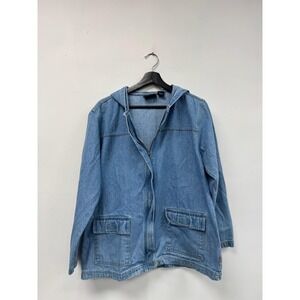 Vintage Blassport Jacket Large Blue Denim Hooded Zip Front Pockets Petite 90s